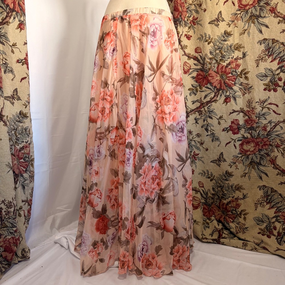 Chic Wish Peach Floral Chiffon Maxi Skirt Pink Peony Print Boho Romantic design